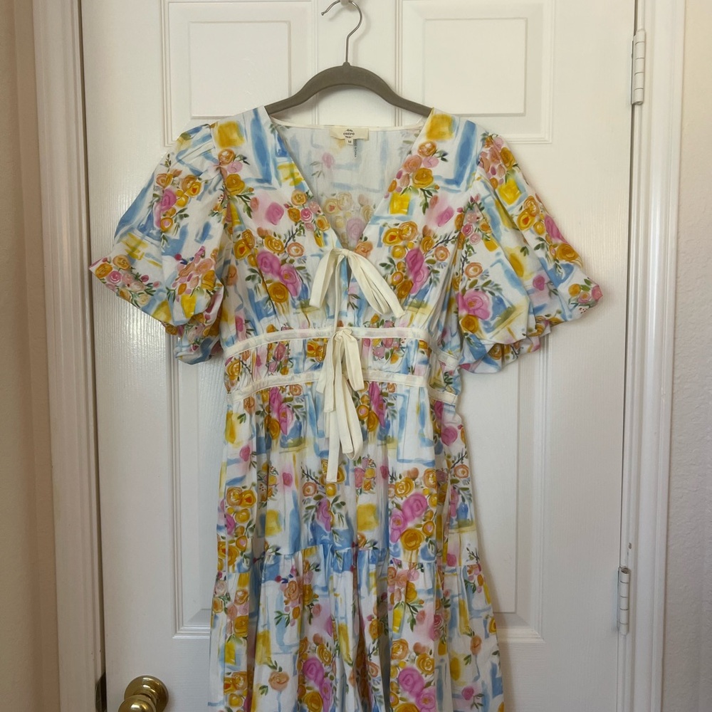 entro Floral Tie-Front Maxi Dress in White, Yellow, Pink, Blue